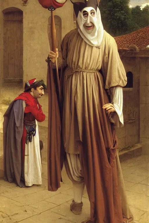 Prompt: Mr Bean as a medieval jester, dancing in a courtyard, bouguereau