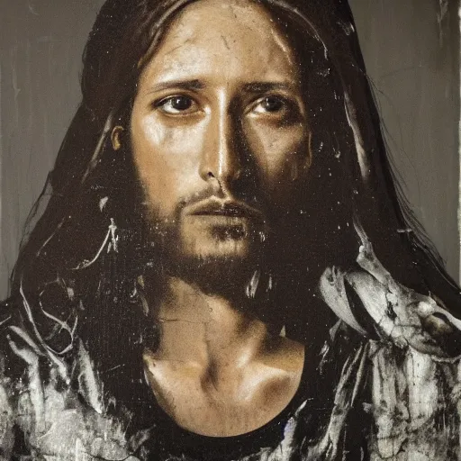 Image similar to a portrait of jesus wearing hypebeast streetwear by nicola samori, oil painting, realistic, 8 k, fear of god style