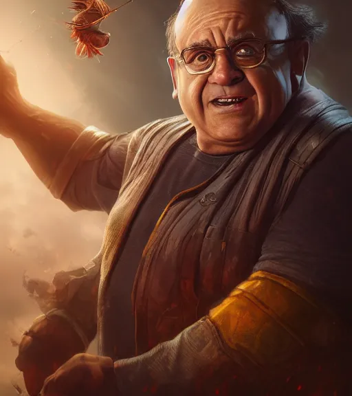 Prompt: An epic fantasy comic book style portrait painting of Danny DeVito, fisheye lens, unreal 5, DAZ, hyperrealistic, octane render, cosplay, RPG portrait, dynamic lighting