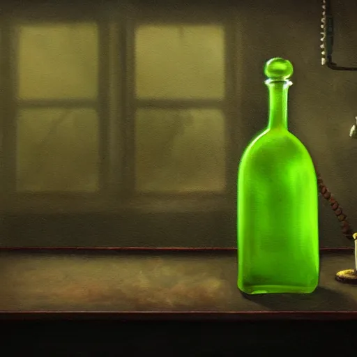 Prompt: a painting of a lime colored vintage steampunk potion bottle on the left side of an empty counter in a dark dusty vintage science lab, by h. r. giger, hyperrealistic fantasy art, concept matte, ethereal, dreamy, digital art, trending on artstation, volumetric cinematic lighting