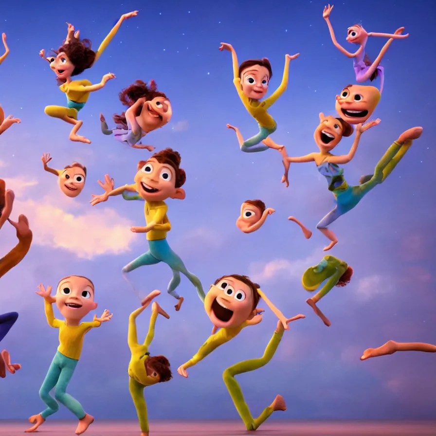 Image similar to full body shot of dancers dancing on the clouds, 3 d animated pixar!! illumination studios animated movie by pete docter, extremely happy smiling and eerie smiles, slimy fluid liquid