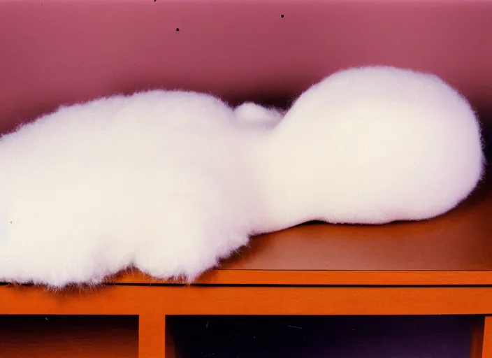 Prompt: realistic museum photo of a white fluffy sweater object, straight laying on a wooden desk 1 9 9 0, life magazine reportage photo, natural colors