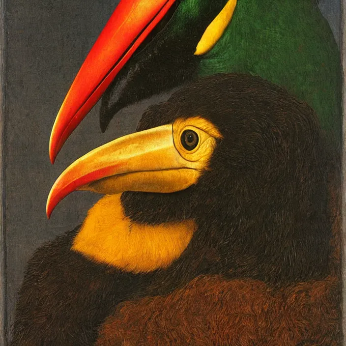 Prompt: close up portrait of a mutant monster creature with exotic toucan beak, twenty arachnid eyes, fair skin tone. by jan van eyck, audubon