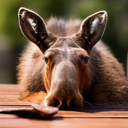 Image similar to a moose cat, sitting on the table, photo taken on a nikon, highly detailed, sharp focus