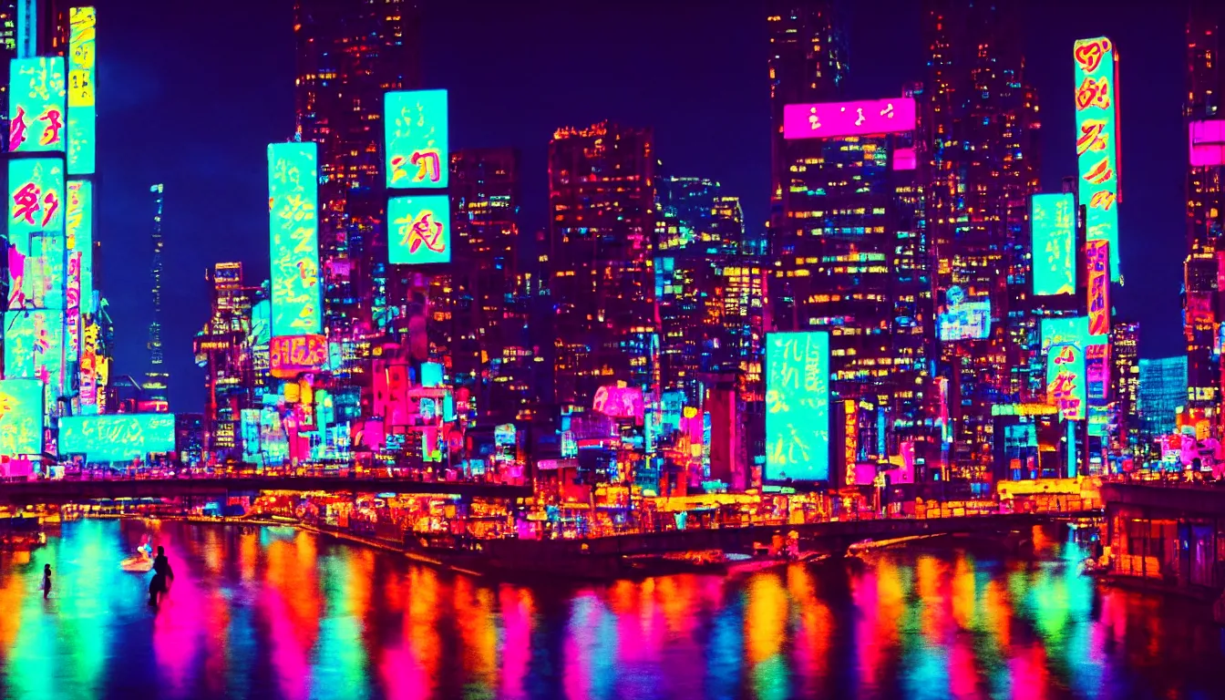 Prompt: 8 0 s neon movie still, woman wearing a kimono looks over a river, city with neon lights is in front of her. movie still. hyperrealistic, high definition, medium format photography, highly detailed, tehnicolor, anamorphic 5 0 mm lens