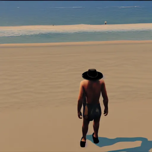 Prompt: kodak portra 8 0 0, an invisible man stands on the beach in gta v