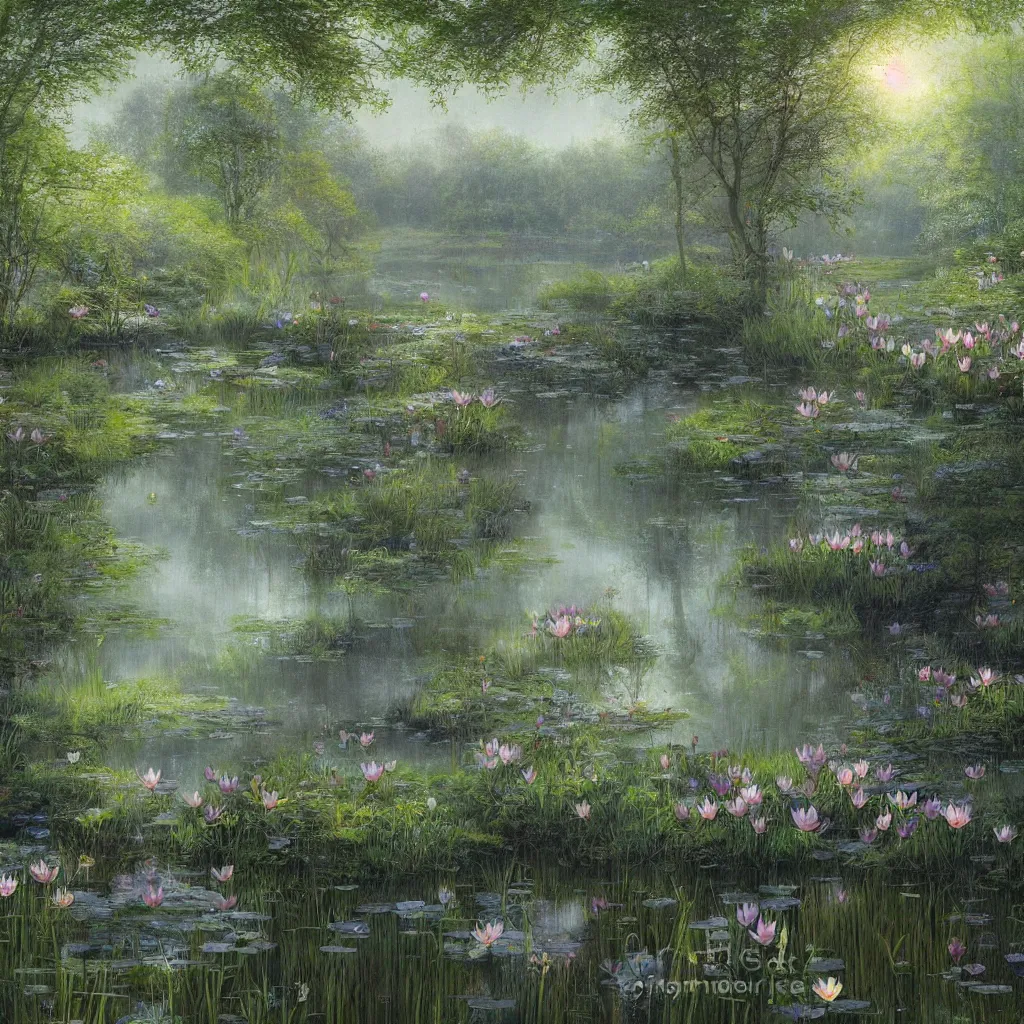 Prompt: a mirror like pond, by alan lee, springtime flowers and foliage in full bloom, lotus flowers on the water, dark foggy forest background, sunlight filtering through the trees, digital art, art station