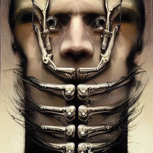 Image similar to surreal portrait of a man by Greg Rutkowski and H.R Giger, symmetrical face, he is about 30 years old, west slav features, short blonde hair with bangs, attractive, smart looking, slim, somewhat androgenic, transformed into a kind of biomechanical transhuman god, disturbing, terrifying but fascinating, with a determined and sinister expression on his face, cosmic void background, frightening, fascinating, highly detailed portrait, digital painting, book cover, artstation, concept art, smooth, sharp foccus ilustration, Artstation HQ