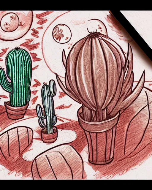 Image similar to detailed sketch of a cactus, pencil, red and white pattern, mysterious desert, two moons, 8 k, by studio ghibli, trending on deviantart, hyper detailed