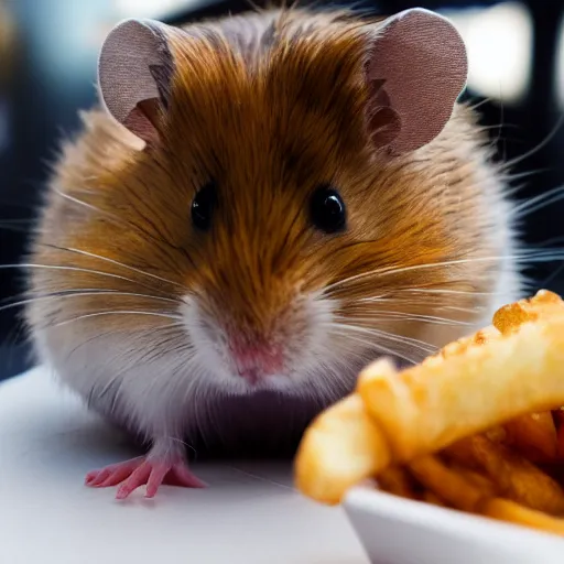 Prompt: detailed photo of a hamster eating fries, mcdonald's, various poses, full body, unedited, daylight, dof 8 k