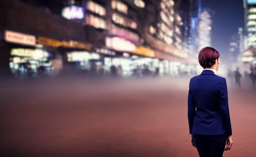 Image similar to a wide shot of a woman with a wool suit, very short hair, blurred face, wearing an omega speedmaster on her wrist in front of a crowded dystopian city full of people walking at night with fog and cyberpunk lights