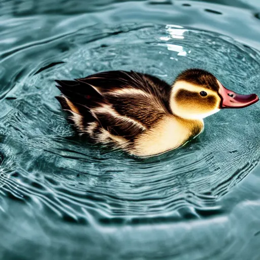 Image similar to cute duckling swimming in a small bowl of clear water, photography, minimalistic, 8 k
