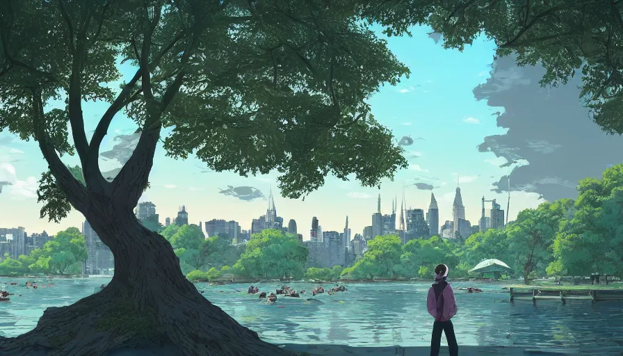 Image similar to new york city with a lake, beautiful ancient trees, hiding large treasure chest, serene evening atmosphere, soft lens, soft light, cel - shading, animation, in the style of cgsociety, deviantart, artstation, zbrush, cinema 4 d, studio ghibli, akihiko yoshida, atelier lulua, masamune shirow