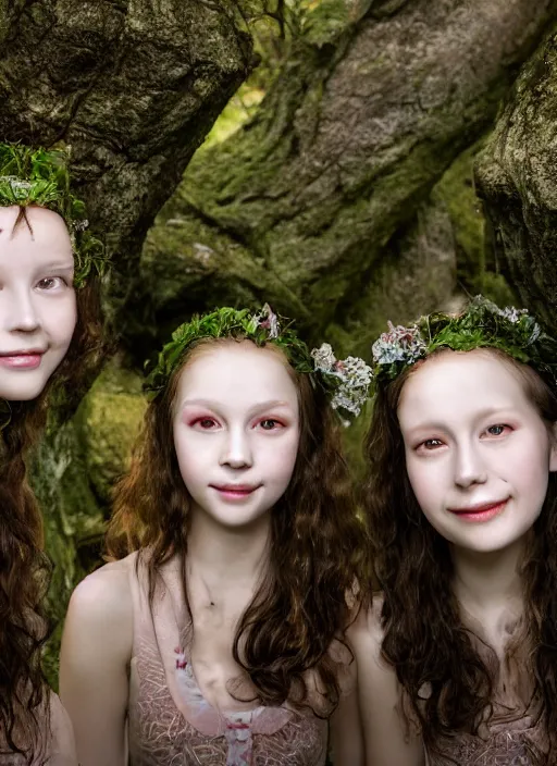 Image similar to a headshot portrait of three happy nymphs in the forst, extremely realistic and highly detailed 8 k, sharp focus, atmospheric lighting, dramatic volumetric lighting, extremely realistic faces