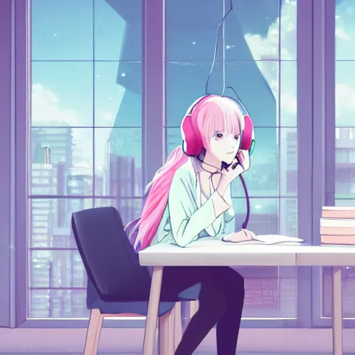 Image similar to high definition anime portrait of an anime girl with pastel colored hair sitting at a desk studying with headphones on, background is a window looking out into a busy Tokyo district, lo-fi art, by Studio Ghibli, trending on artstation, sharp high quality anime, digital art, photoshop, proportionate, ambient lighting