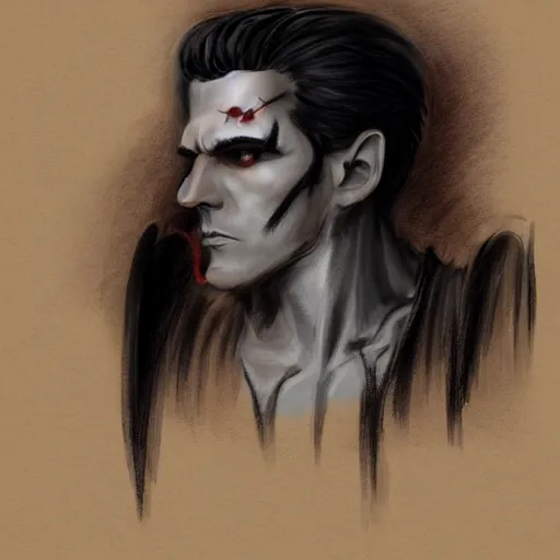 Prompt: a classical vampire, male, late - 4 0 s aged, long, slicked black hair, clean shaven, in red and black, regal, high fantasy, full color sketch, realistic, full body shot, concept art.