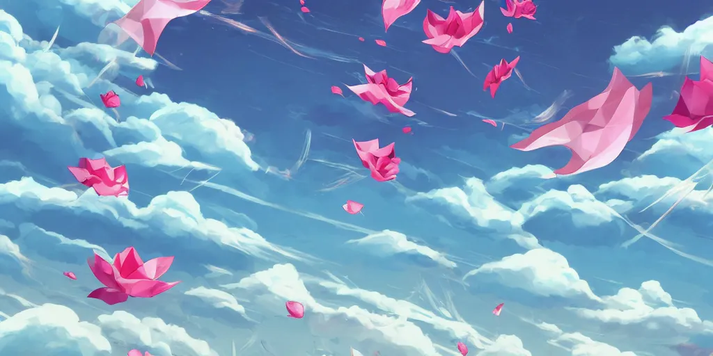 Image similar to background art of flying longswords flowing and floating through the slicing through directional wind on a simple cloudy sky background featuring an enormous tsunami, big puffy clouds, large individual rose petals, lotus petals, angular background elements, large polygonal fragments, anime, studio ghibli, artgerm, manga, trending on artstation, art nouveau, mature color scheme