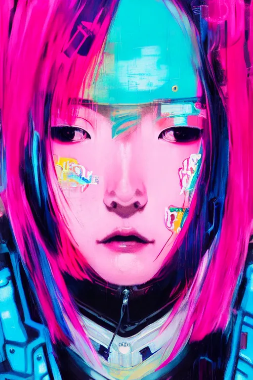 Image similar to portrait of a stylized japanese cyberpunk girl, wearing a bomber jacket, painted in acrylic, pigment textures, in the colors hot pink and cyan, beautiful realistic face, rule of thirds, spotlight, by greg rutkowski, by jeremy mann, by francoise nielly, by van gogh, by ross tran, in focus