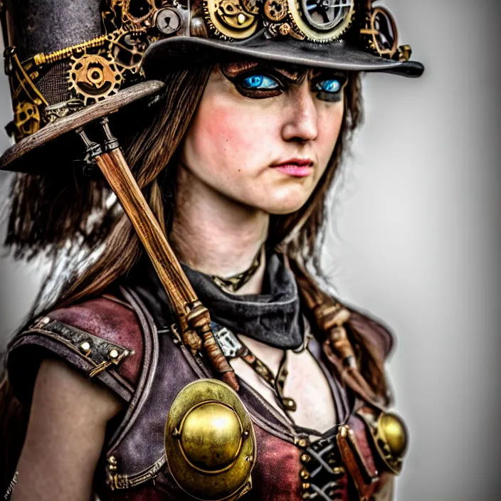 Image similar to photograph of a beautiful steampunk warrior. extremely detailed. dslr. 5 0 mm.