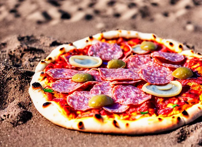 Image similar to clear highly detailed photorealistic food photograph of a wood oven cooked pizza with salami anchovies pepperoni lying on beach sand at sunset, waves next to it