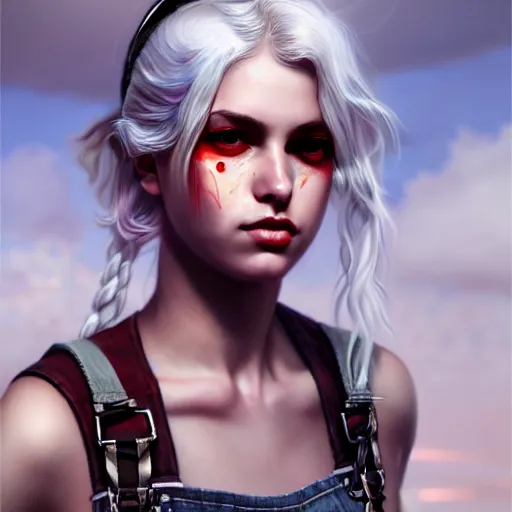 Image similar to full body pose, grungy ciri, torn overalls, short shorts, combat boots, fishnets, beautiful, highly detailed face, true anatomy!, extremely detailed!, digital painting, unreal engine 5, art by tom bagshaw