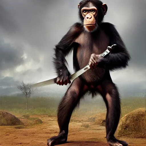 Prompt: An bipedal chimp in warrior robes wielding a sword, photograph, photorealistic, 8k intricate detail, by Frans Lanting,