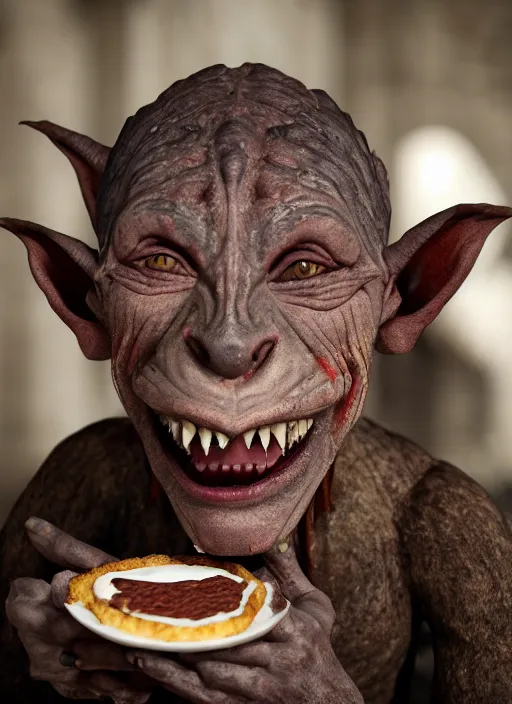 Image similar to closeup profile face portrait of a medieval goblin eating cakes in the cloisters, depth of field, zeiss lens, detailed, symmetrical, centered, fashion photoshoot, by borsch, giger, breathtaking, 8 k resolution, extremely detailed, beautiful, establishing shot, artistic, hyperrealistic, beautiful face, octane render