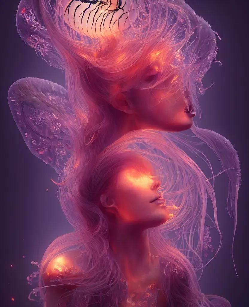 Prompt: beautiful female fused with orchid jellyfish, close-up portrait, dark, phoenix head, nautilus, skull, bioluminiscent, intricate artwork by Tooth Wu and wlop and beeple. octane render, trending on artstation, greg rutkowski, xsullo, very coherent symmetrical artwork. cinematic, hyper realism, high detail, octane render, 8k