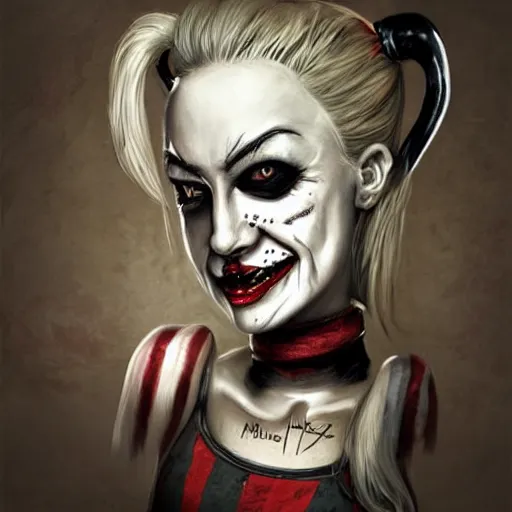 Image similar to surrealism grunge cartoon portrait sketch of harley quinn, by michael karcz, loony toons style, freddy krueger style, horror theme, detailed, elegant, intricate