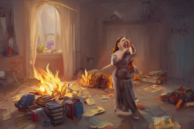 Image similar to a crazy opera singer hurries up to pack daughter's things in suitcase, surrounded with fire, clothes are flying around in room, digital art, trending on artstation, very very realistic