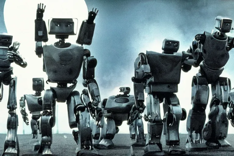 Image similar to a movie still from the 1985 summer blockbuster movie Back to the Robots directed by Steven Spielberg