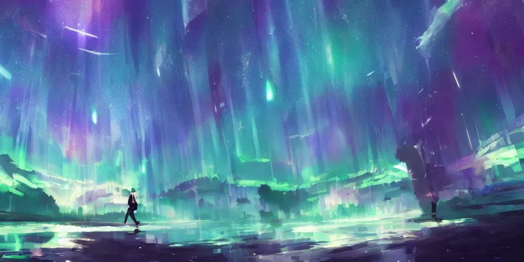 Prompt: konpaku walking in cloud pond forest dusk, fractal dreamscape, shattered sky cinematic, shooting stars, aurora borealis mirror reflection, vibrant colors, digital anime illustration, award winning, by makoto shinkai