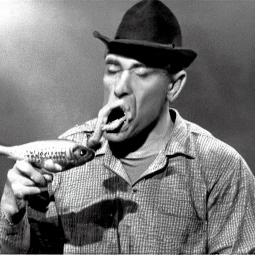 Prompt: a screen still of a man chewing on a carp from an episode of the twilight zone