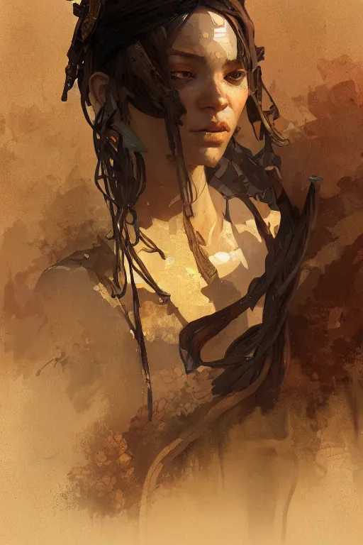 Image similar to A full portrait of a beautiful post apocalyptic African explorer, intricate, elegant, highly detailed, digital painting, artstation, concept art, smooth, sharp focus, illustration, art by Krenz Cushart and Artem Demura and alphonse mucha