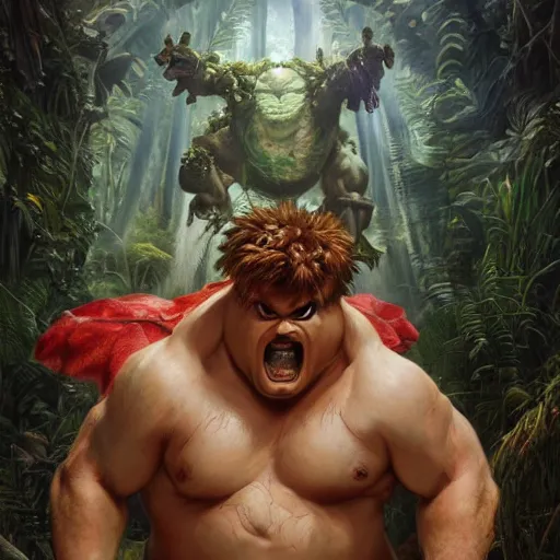 Image similar to chris farley as blanka from street fighter, squatting, ultra realistic, concept art, intricate details, eerie, highly detailed, photorealistic, octane render, 8 k, unreal engine. art by artgerm and greg rutkowski and magali villeneuve and alphonse mucha