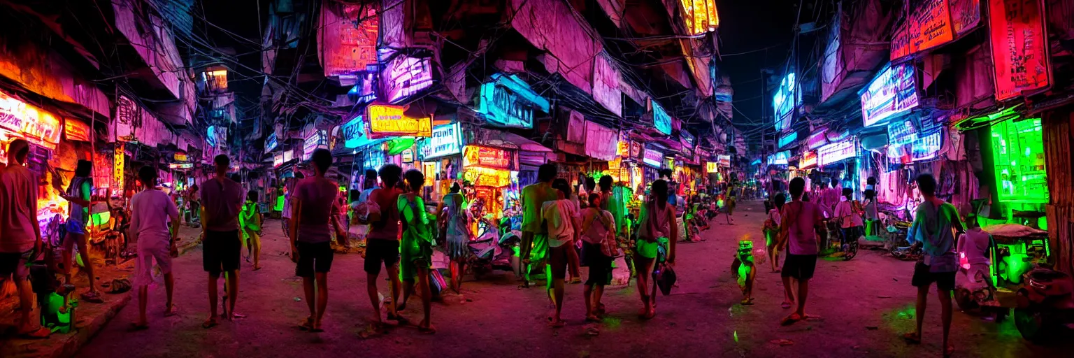 Image similar to Cyberpunk Residents, futuristic Phnom-Penh Cambodia, neon dark lighting