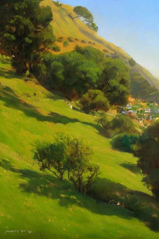 Image similar to San Francisco's green hills during the summertime, very detailed, focused, oil painting, colorful, canvas, artstation, Antoine Pierre Mongin