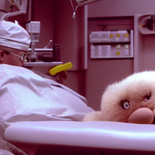 Image similar to wide cinematic shot of a giant obese furby lying in a hospital bed getting open - heart surgery in an operating room in a dank north korean hospital, surrounded by two surgeons directed by david lynch, vhs copy film grain 3 5 mm