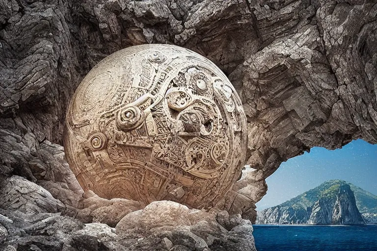 Image similar to old photograph of a gigantic paleolothic sphere made of stone with highly detailed carvings of intricate shamanic robotic electronics and circuits, in a mediterranean lanscape, inside a valley overlooking the sea, by michal karcz, mediterranean island scenery, mediterranean vista