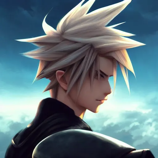 Image similar to thundercloud with a cloud strife's face on it, trending on artstation, high contrast, highly detailed, epic, 4 k, artstation, greg rutkowski, makoto shinkai, beautiful sky