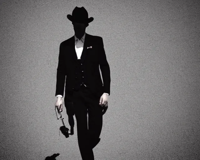 Image similar to a tall and mysterious man in black suit and black fedora hat and black shoes, he has a pistol!!, mysterious, 4 k, highly detailed, digital art, strong shadows, high contrast, epic scene, atmospheric, blue colours, old photo