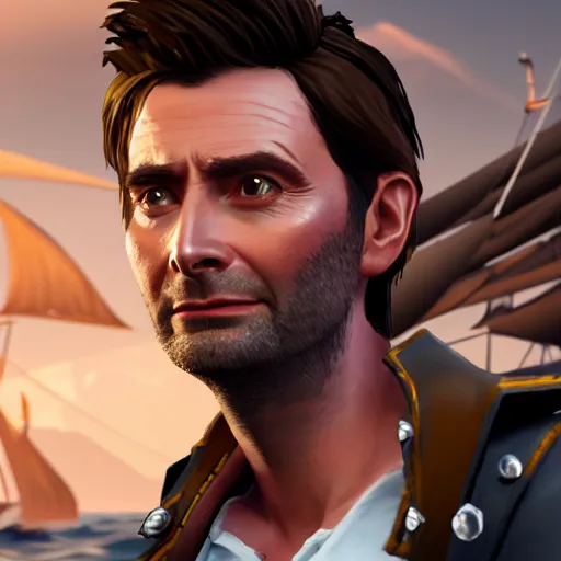 Prompt: david Tennant in the Sea of thieves, ultra detailed, sharp focus, art by artgerm, 8k, game screenshot, hyperrealistic