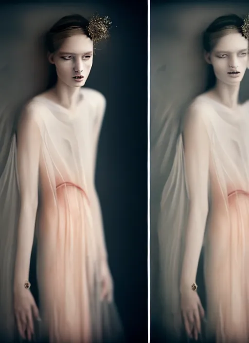 Image similar to portrait photography of a beautiful woman, in fine art photography style of Paolo Roversi , rose huntington whitely style 3/4 , natural color skin pointed in rose, long hair with ornamental hairstyle, full body dressed with a ethereal transparent voile dress, elegrant, 8K, soft focus, melanchonic rose soft light, volumetric dramatic lighting, highly detailed Realistic, hyper Refined, Highly Detailed, natural point rose', indoor soft lighting, soft delicate lighting colors scheme, soft blur lighting, fine art fashion photography