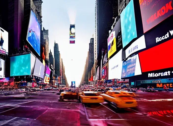 Prompt: film still of the moon shattering into pieces over time square in the new disaster movie, 8 k, night time