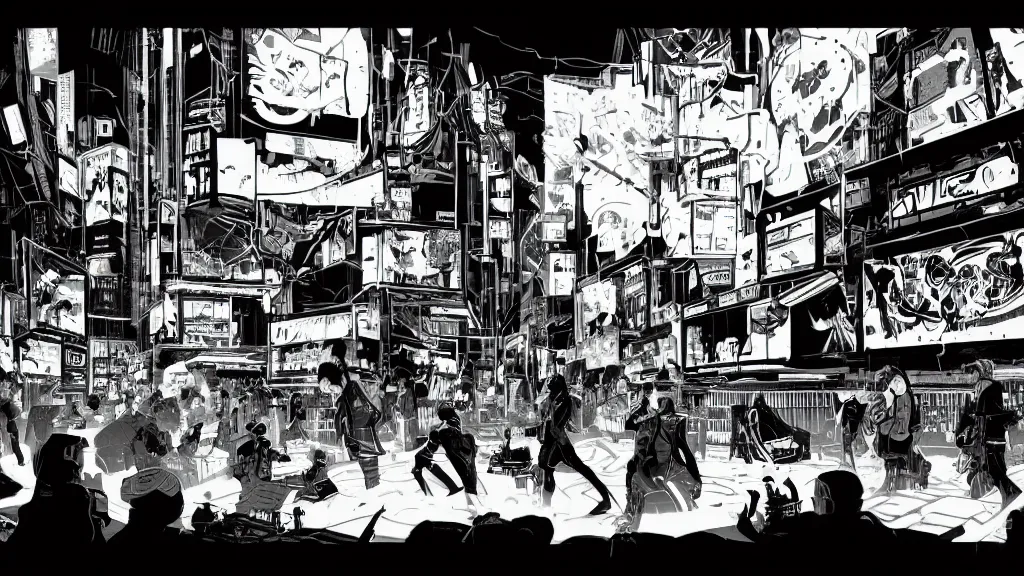 Prompt: very detailed, prophet graphic novel, ilya kuvshinov, mcbess, rutkowski, simon roy, illustration of a cyberpunk nightclub, wide shot, colorful, deep shadows, briliant lights