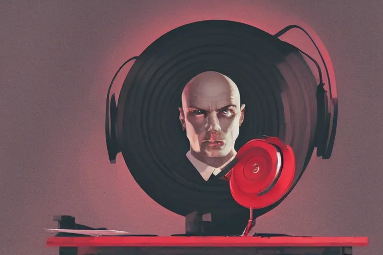 Image similar to a portrait of agent 4 7 from hitman wearing headphones and putting a vinyl record onto a turntable, dark background, red rim light, digital art, artstation, concept art by giger stalenhag