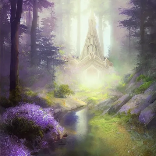 Image similar to mystical realistic poster with shaded lighting by craig mallismo, artgerm, jeremy lipkin and michael garmash, radiant light, detailed and complex environment solace, peaceful mist, beautiful, utopic spiritual city with temples, old growth pine trees, overlaid sacred geometry, with implied lines, gradient of purple and blue