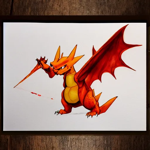 Image similar to charizard, watercolors, trending, artstation, stained paper