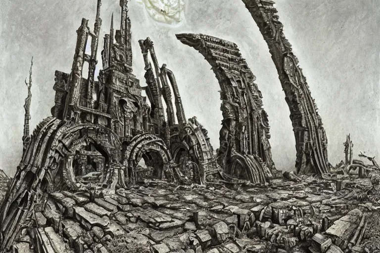 Prompt: opening a portal in the ruins of a familiar city, on mars, in the 4 0 th millenia, by hr giger