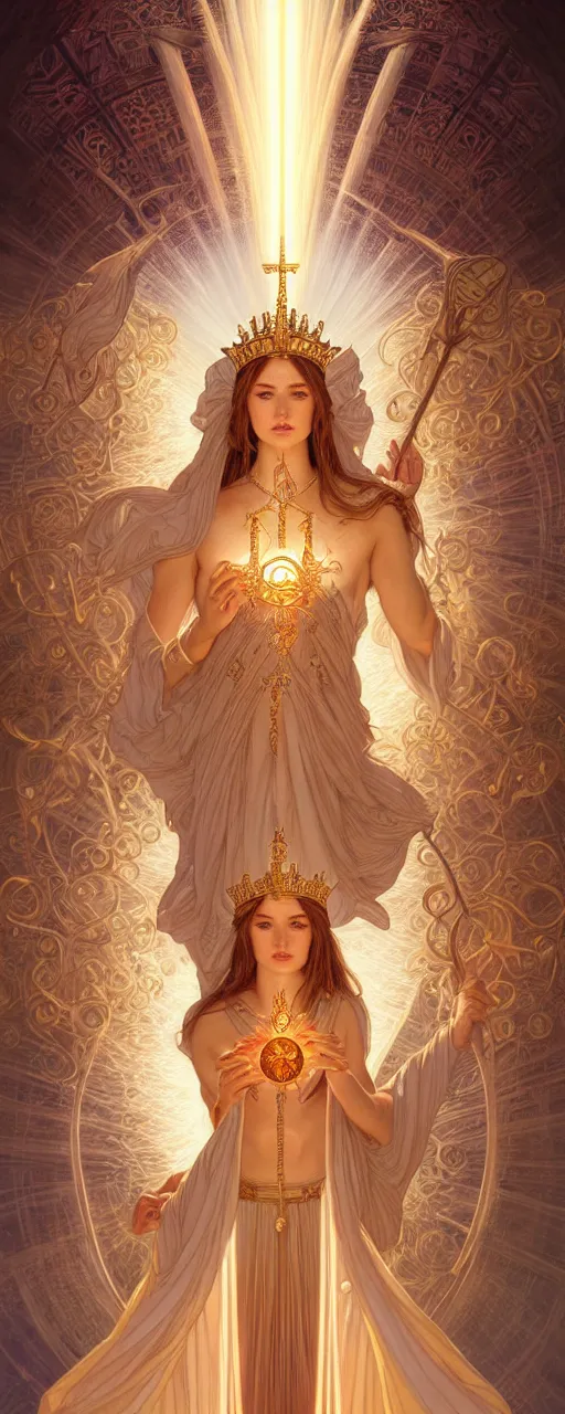 Image similar to perfectly detailed tarot card empress goddess of light!! blessed by nature with ever - increasing physical mental perfection, symmetrical! intricate, sensual features, highly detailed, biblical divine holy perfection!! digital painting, artstation, concept art, smooth, sharp focus, illustration, art by artgerm and greg rutkowski and alphonse mucha